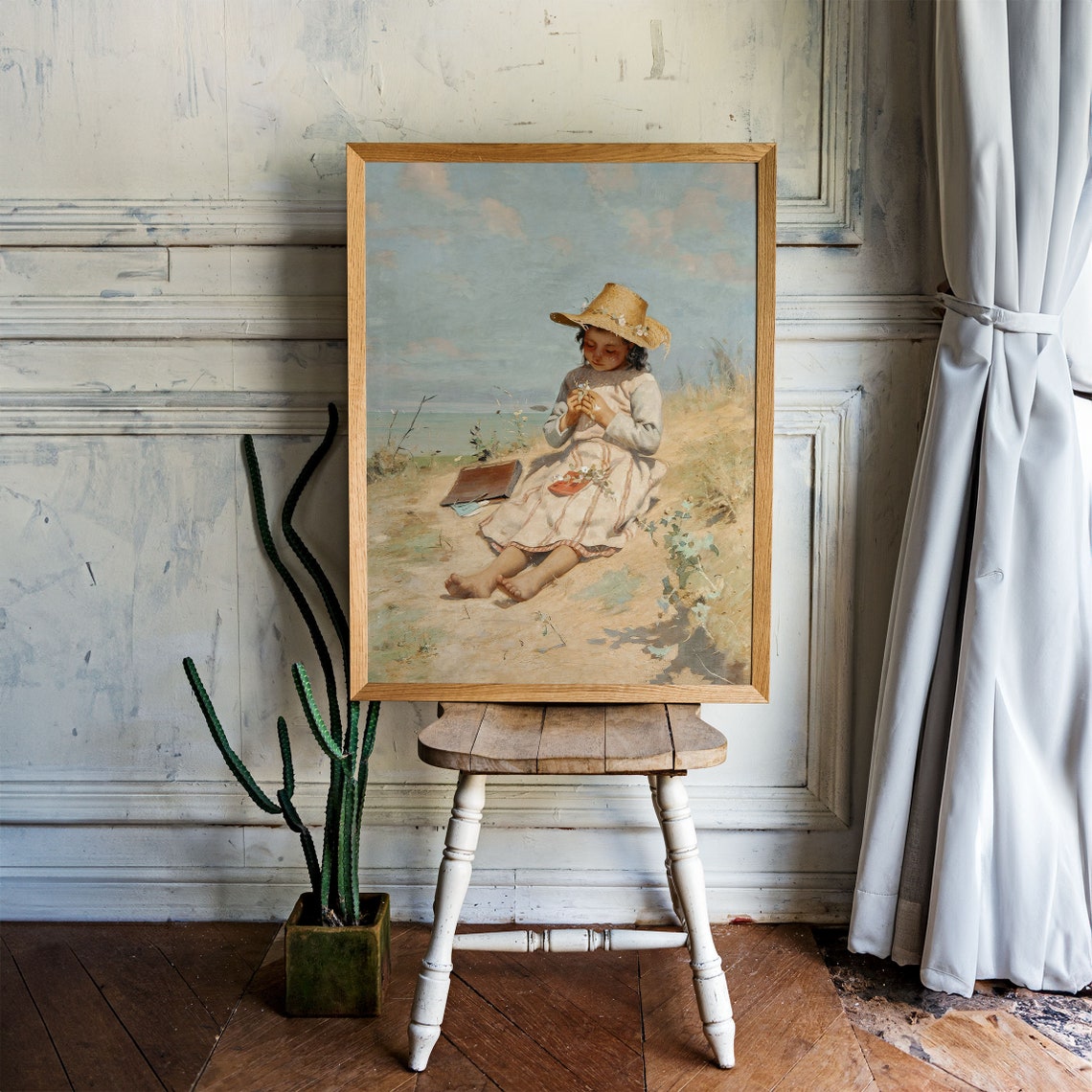 Vintage Girl in Straw Hat Seaside Beach Painting Flowers Summer Print - Image 2