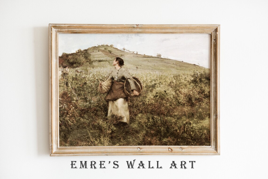 Harvest Woman Basket Golden Field Hills Vintage Country Painting Poster - Image 2