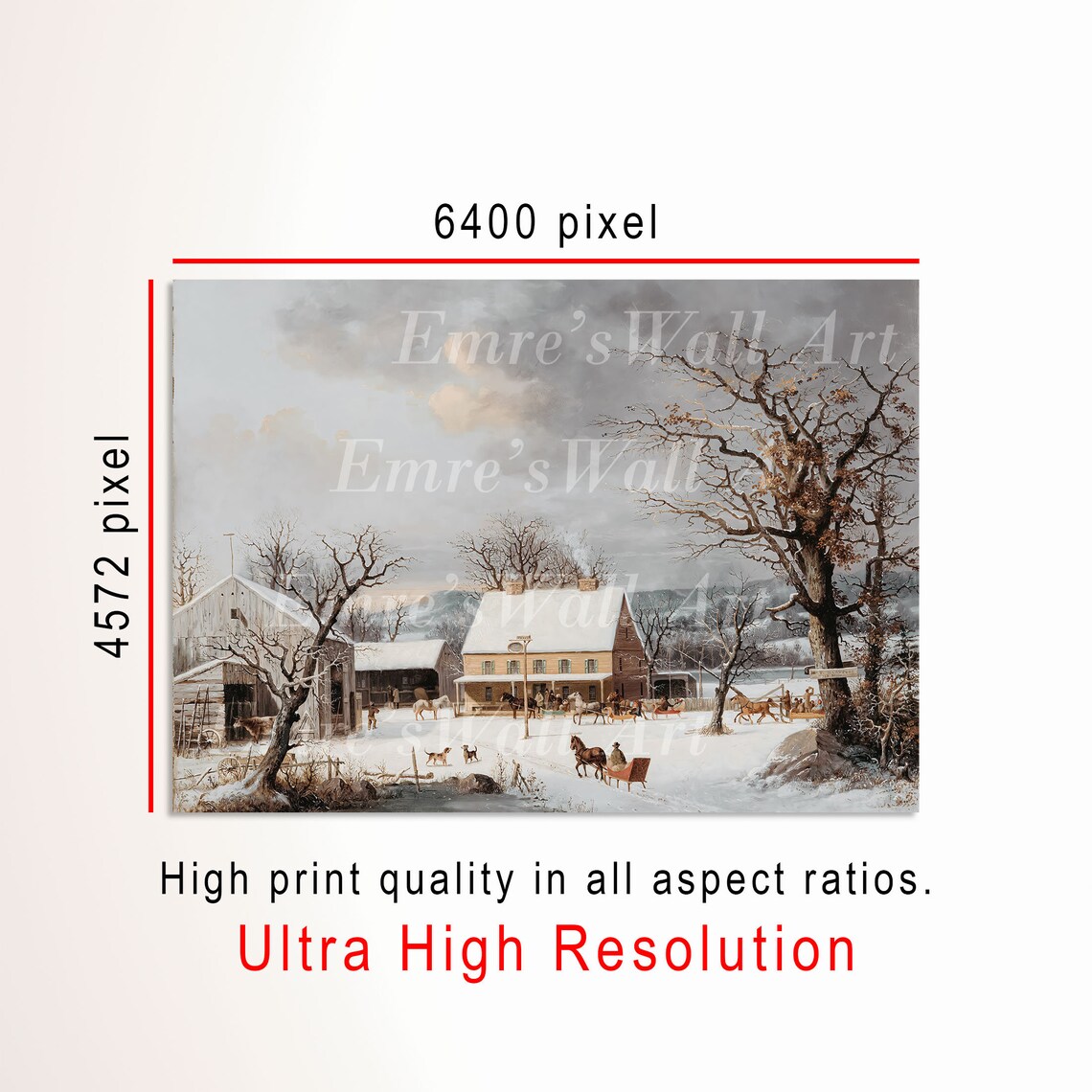 Winter Farmhouse Horses Sleigh Snow Vintage Country Scene Painting Poster - Image 3
