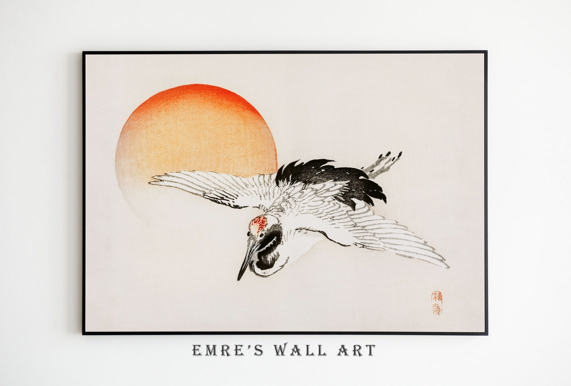 Japanese Crane with Red Sun and Cherry Blossom Pattern Art Set Poster - Image 3