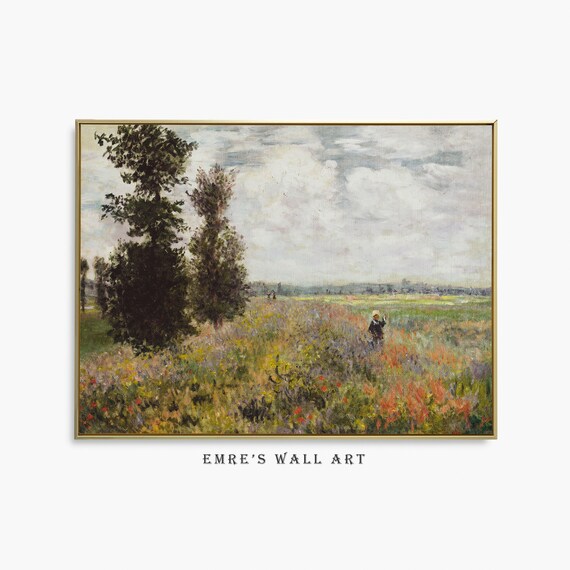 Summer Wildflower Field with Tall Trees Impressionist Artwork Poster
