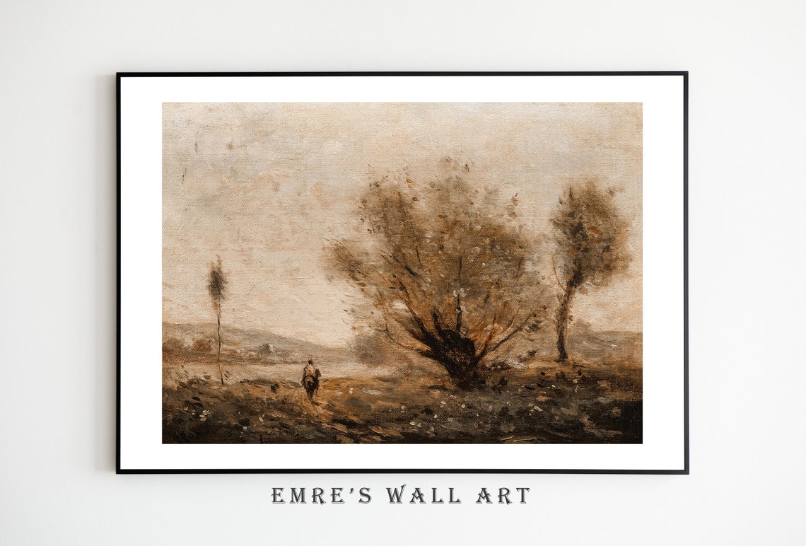 Muted Brown Countryside Rider Willow Trees Vintage Painting Poster - Image 4