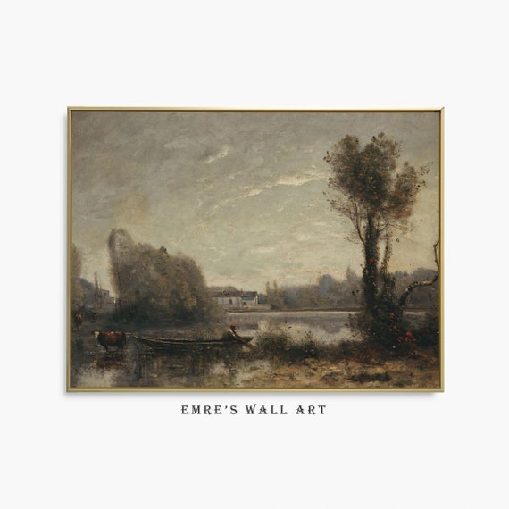 Rustic Lake Wall Art Vintage Country Farmhouse Print Earth Tone Lake House Decor Antique Landscape Painting