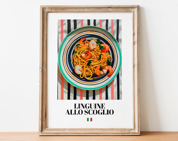 Linguine allo Scoglio Shrimp Pasta Top View Italian Art Kitchen Poster