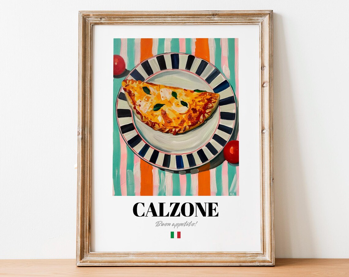 Italian Calzone Cheese Pizza Poster Colorful Striped Kitchen Wall Decor