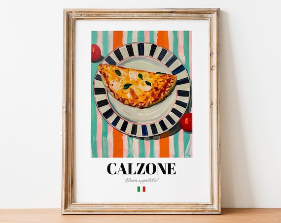 Italian Calzone Cheese Pizza Poster Colorful Striped Kitchen Wall Decor