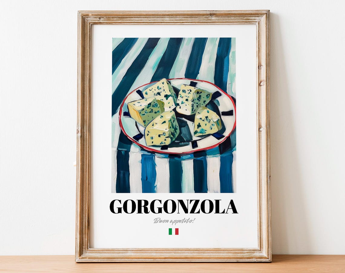 Gorgonzola Italian Blue Cheese Poster With Striped Table Background