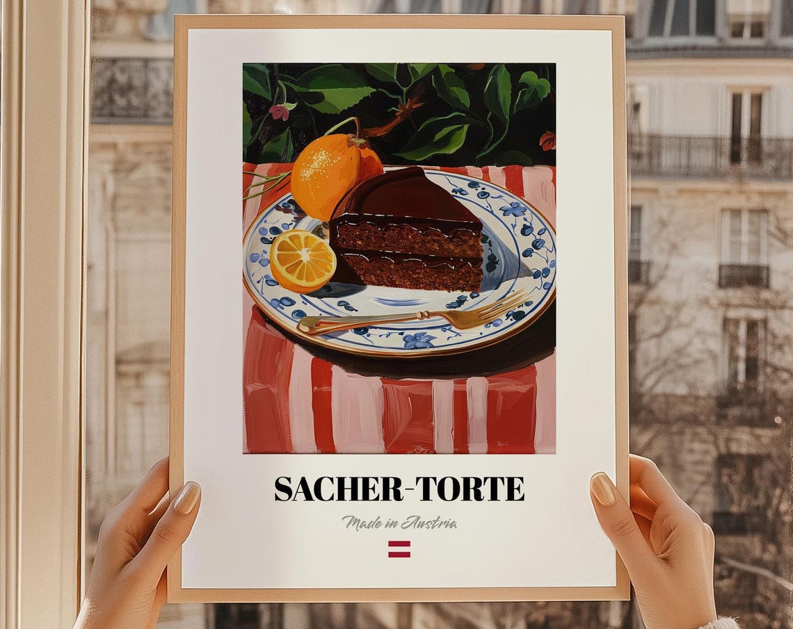 Sacher Torte Austrian Chocolate Cake Slice Oil Painting Dessert Poster