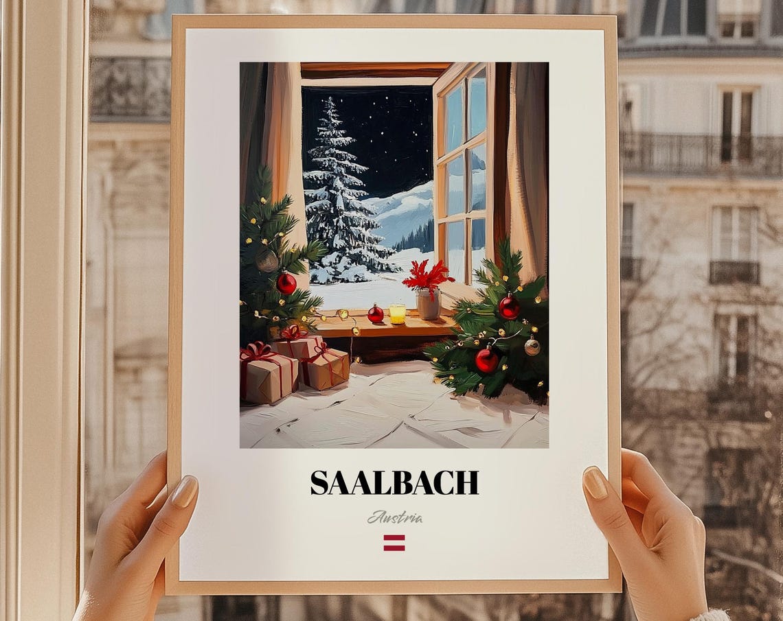 Saalbach Austria Night Christmas Window Snowy Alpine Ski Poster
