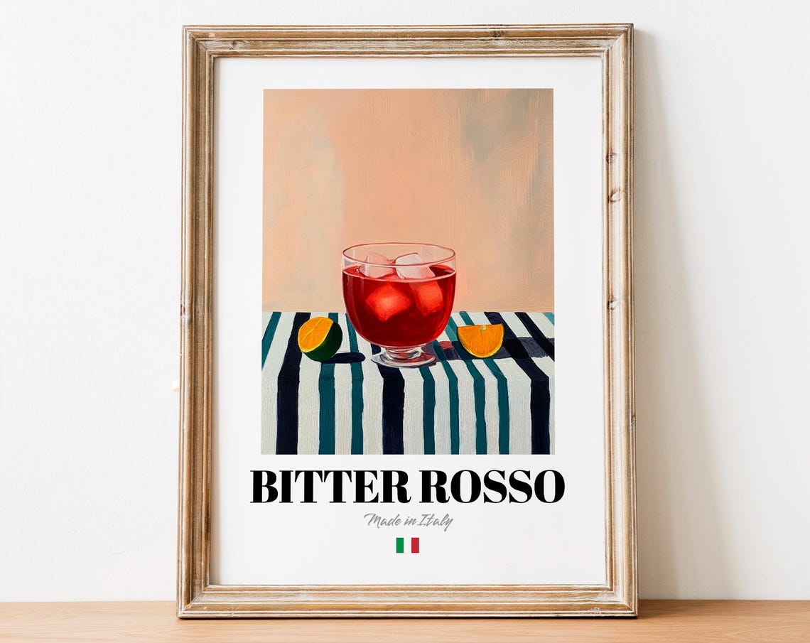 Bitter Rosso Red Cocktail Poster Striped Tablecloth Citrus and Ice