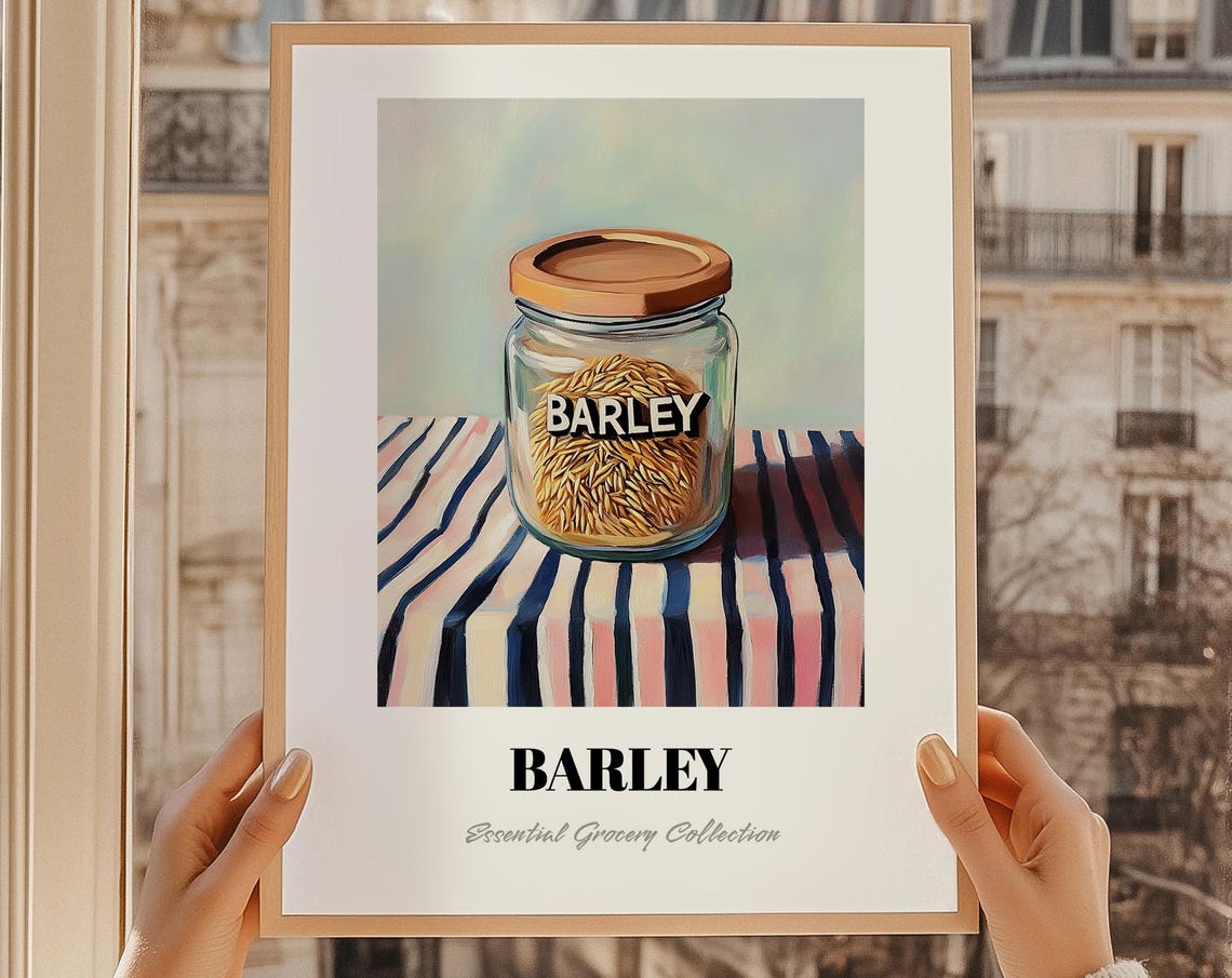 Painted Barley Grain Jar Still Life Striped Cloth Kitchen Poster