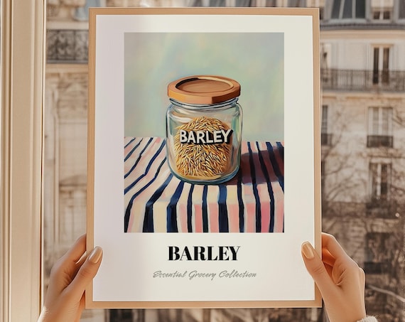 Painted Barley Grain Jar Still Life Striped Cloth Kitchen Poster