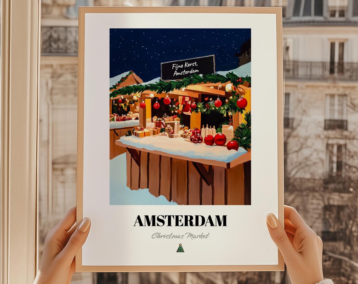 Amsterdam Christmas Market Wooden Stall Snow Night Holiday Poster