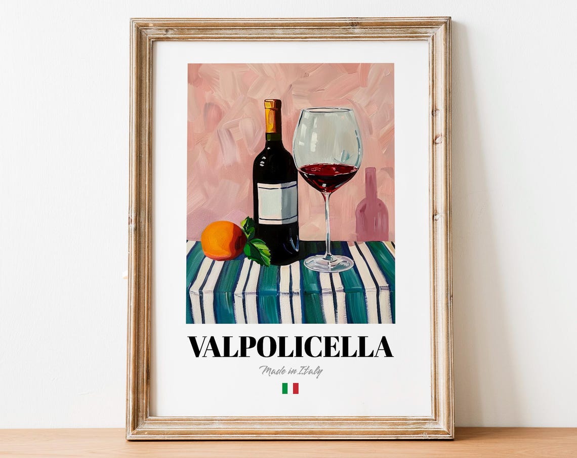 Valpolicella Red Wine Bottle and Glass Pink Still Life Art Poster