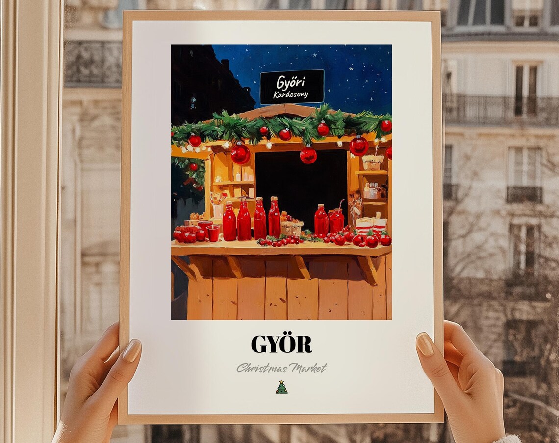 Gyor Christmas Market Night Stall Hungary Holiday Travel Poster