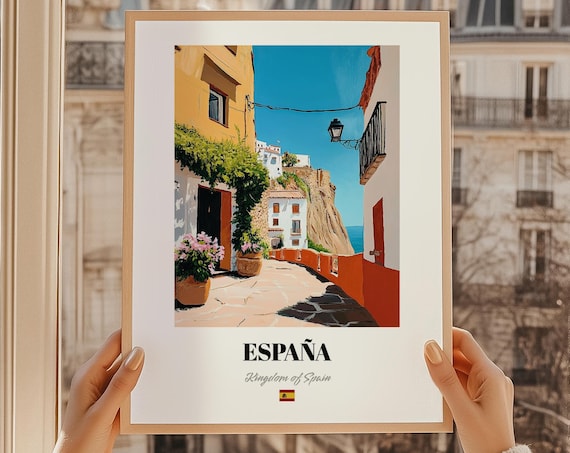 Espana Spain Sunlit Coastal Old Town Alley Oil Painting Poster