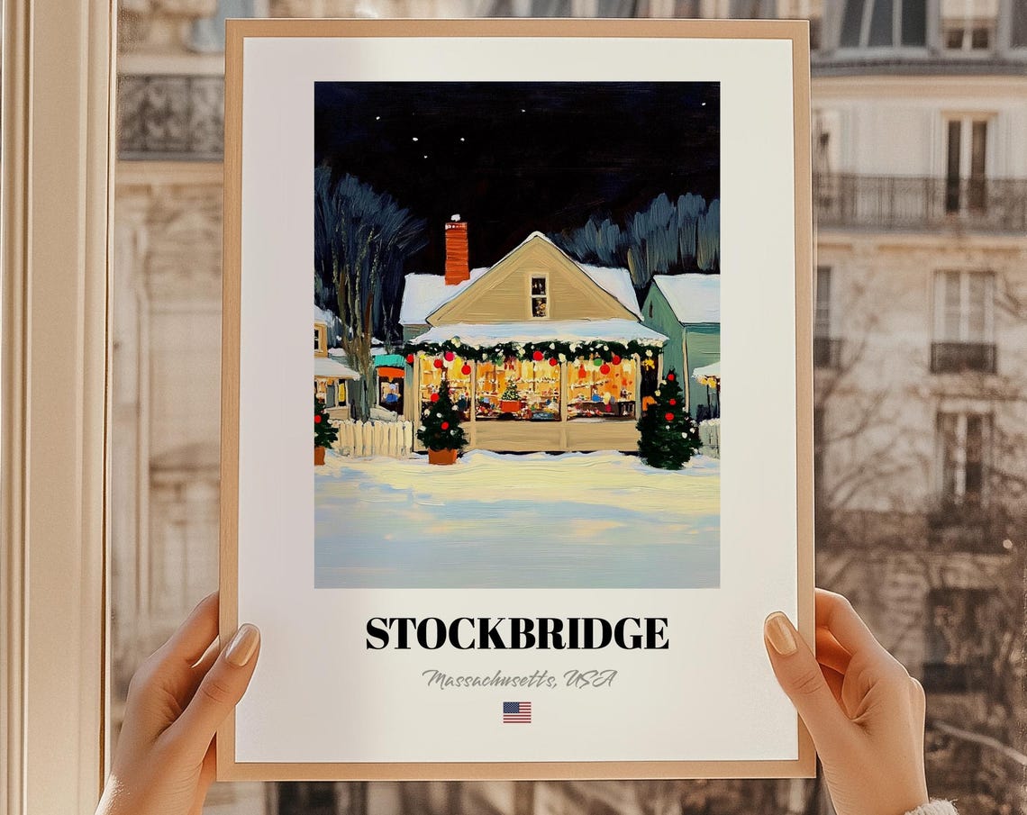 Stockbridge Massachusetts Christmas Cottage Night Lights Poster