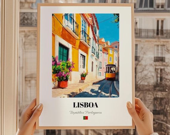 Lisboa Portugal Yellow Tram Street Oil Painting Travel Poster