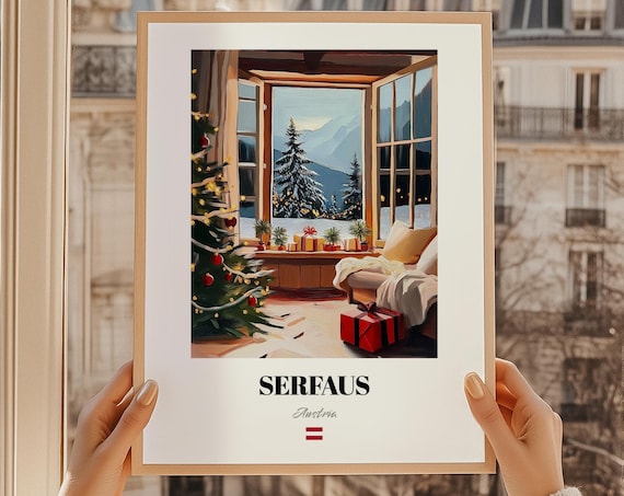 Serfaus Austria Christmas Window Night Cozy Alpine Ski Poster