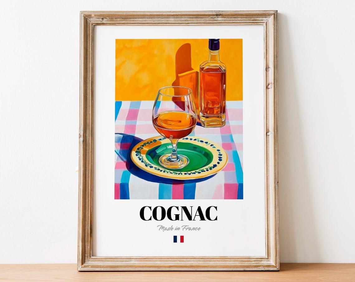 Cognac French Brandy Snifter and Bottle on Gingham Cloth Poster