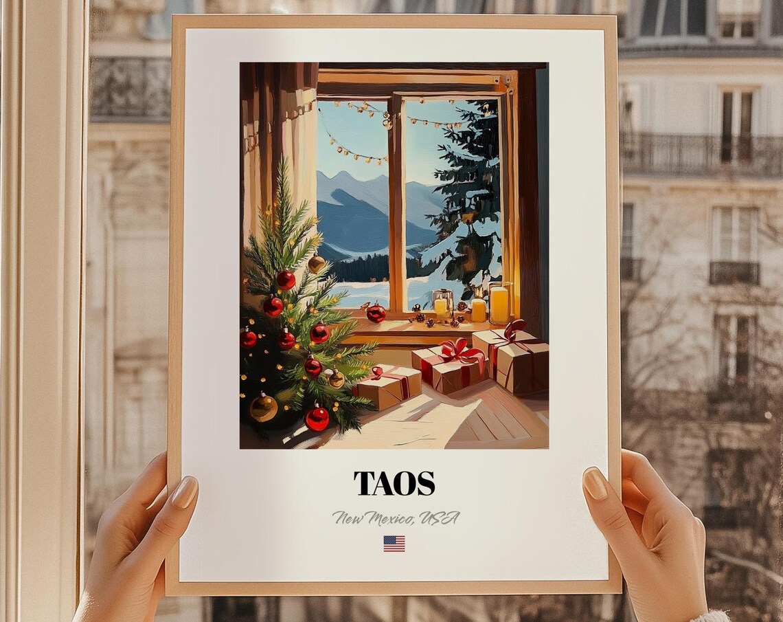 Taos New Mexico USA Christmas Window Candles Winter Ski Poster
