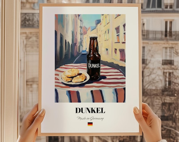 Dunkel Dark Beer Bottle with Pretzels Vintage German Bar Poster