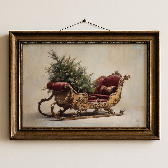 Vintage Golden Sleigh With Christmas Tree Elegant Holiday Poster