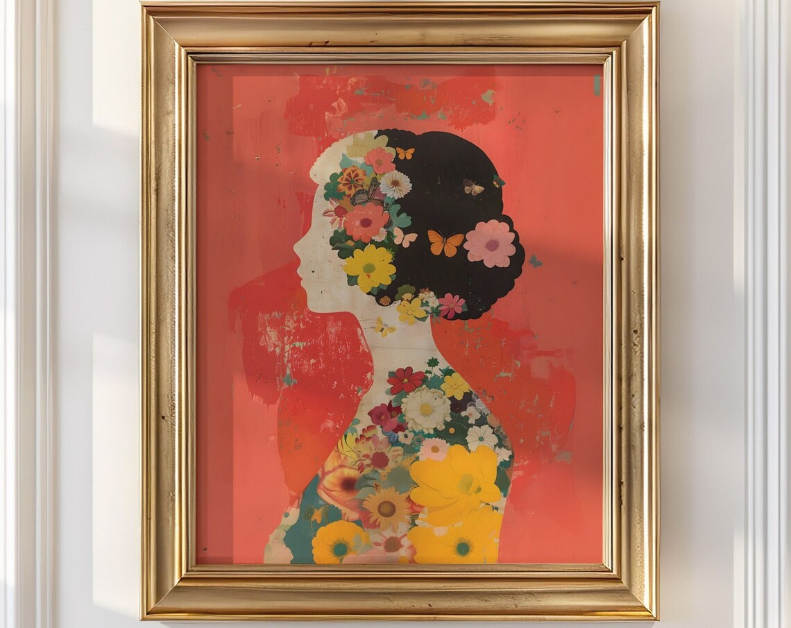 Woman Profile Collage Blooming Flowers Feminine Red Art Poster - Image 2