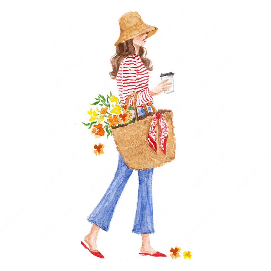 Woman in Red Striped Top with Straw Tote Flowers and Coffee Poster - Image 2