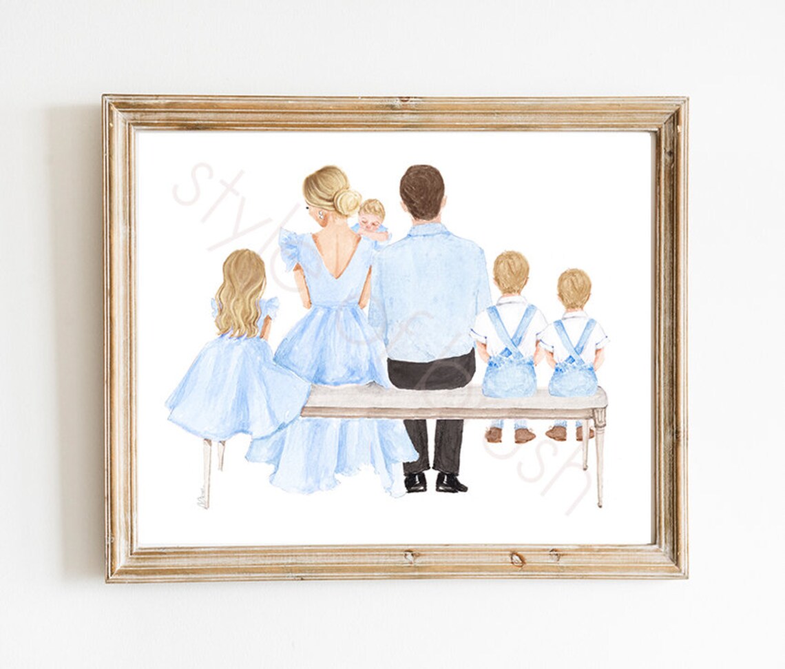 Family of Five in Blue Outfits Seated Together on a Bench Poster - Image 2