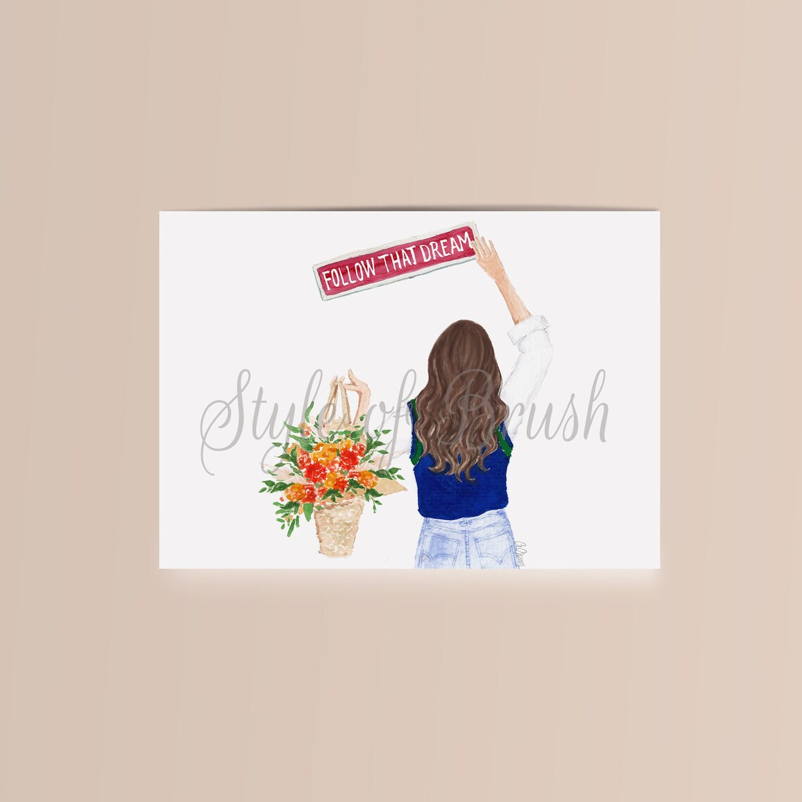 Follow That Dream Girl With Flower Basket Motivational Quote Wall Art - Image 2