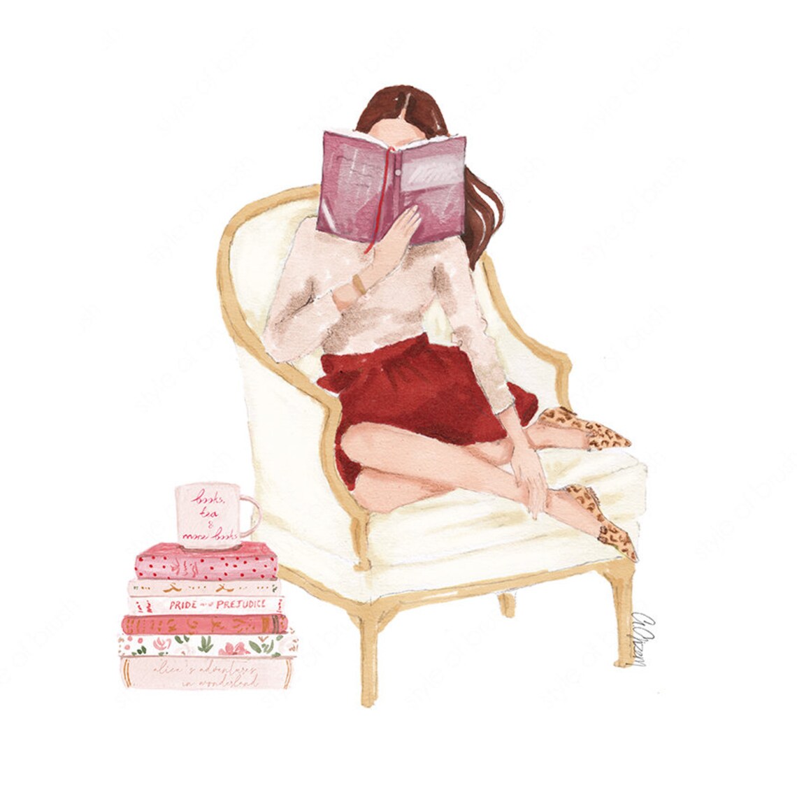 Woman Reading on Cream Armchair with Stack of Pink Books Poster