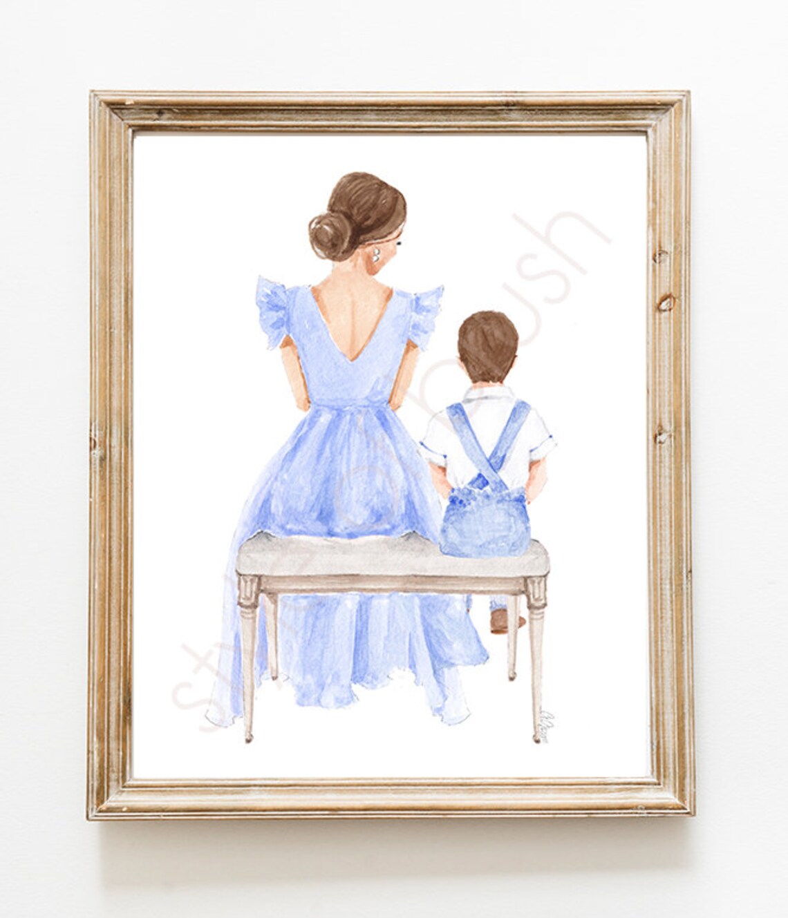 Mother and Son in Blue Outfits Sitting Together on a Bench Poster - Image 2