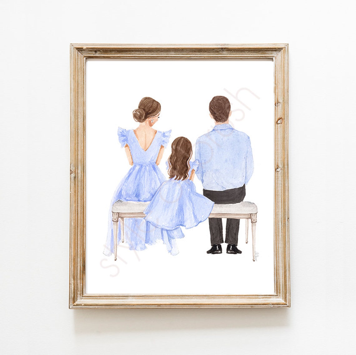 Mother Father and Daughter in Blue Sitting on a Bench Poster - Image 2
