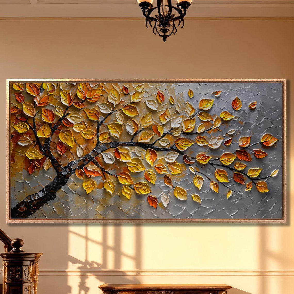 Abstract Autumn Tree Golden Leaves Textured Relief Art Poster