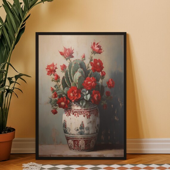 Red Cactus Blossom Prickly Pear Floral Still Life Vase Wall Art