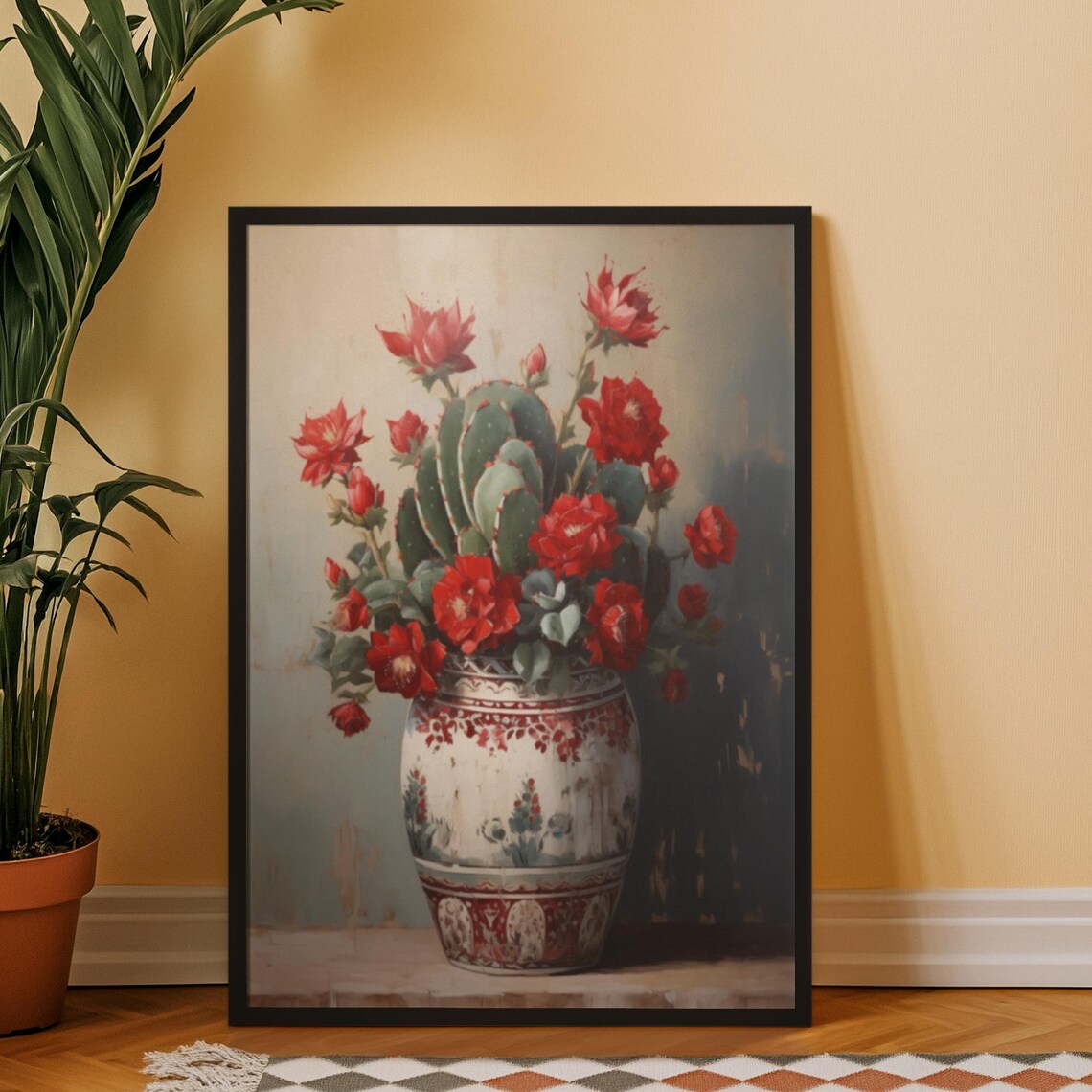 Red Cactus Blossom Prickly Pear Floral Still Life Vase Wall Art