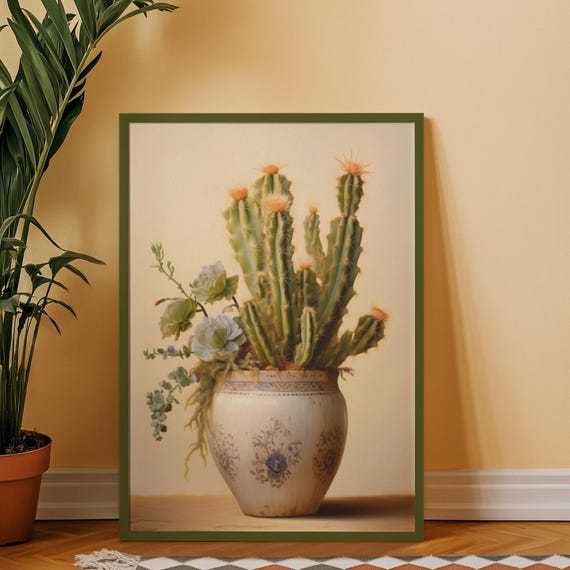 Vintage Cactus Print Mexican Floral Still Life