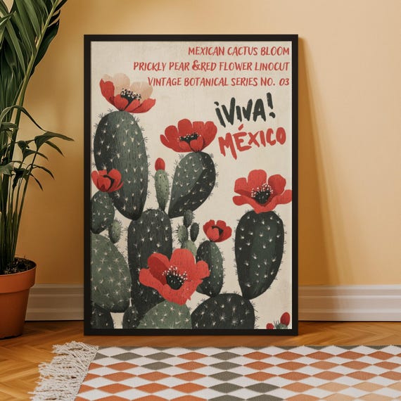 Cactus Folk Art Print Vintage Mexico Wall Decor