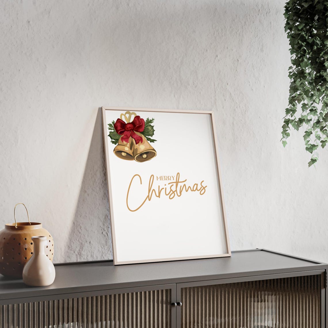 Merry Christmas Golden Bells Red Bow Holly Vintage Classic Poster