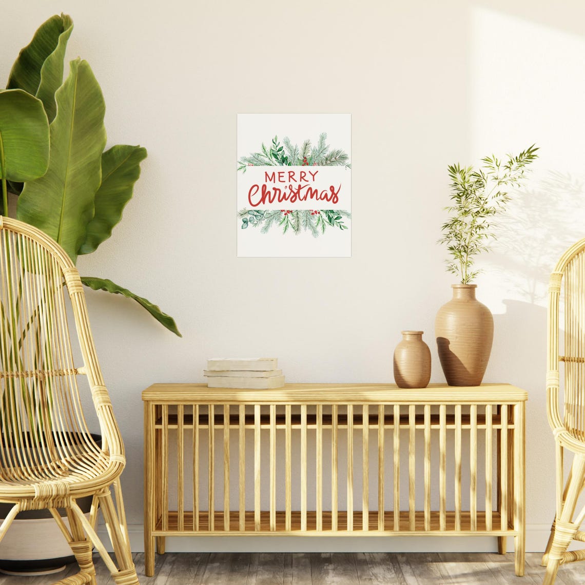 Merry Christmas Red Script Watercolor Pine Eucalyptus Poster - Image 2
