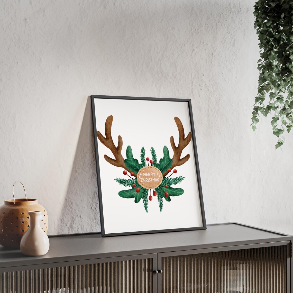 Merry Christmas Watercolor Reindeer Antlers Holly Berry Wreath Poster