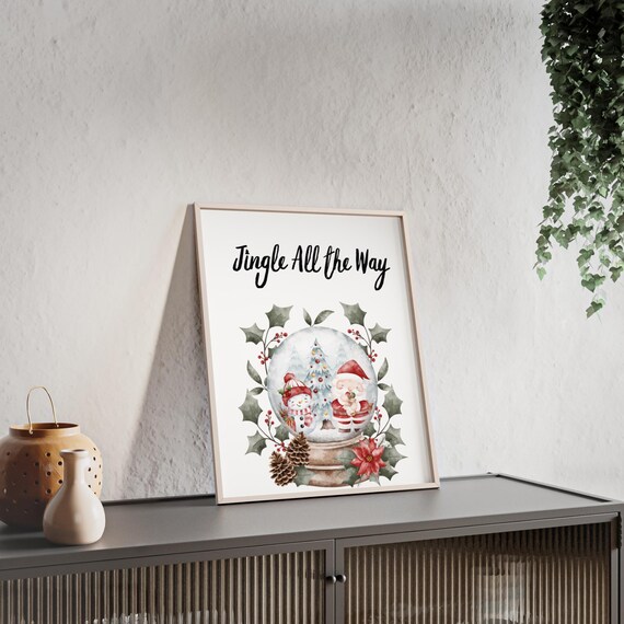 Jingle All The Way Snow Globe With Santa And Snowman Watercolor Poster