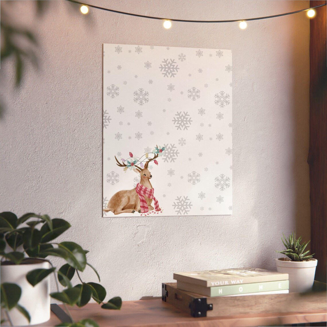 Christmas Deer Watercolor Red Plaid Scarf Snowflake Winter Poster