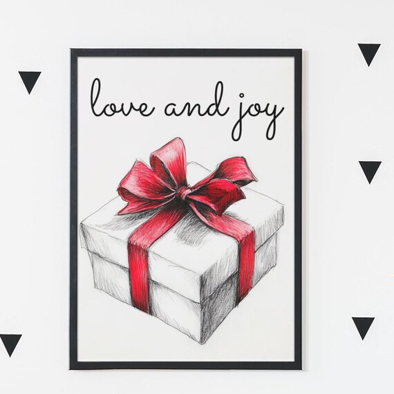 Love And Joy Hand Sketched Gift Box With Red Bow Christmas Poster