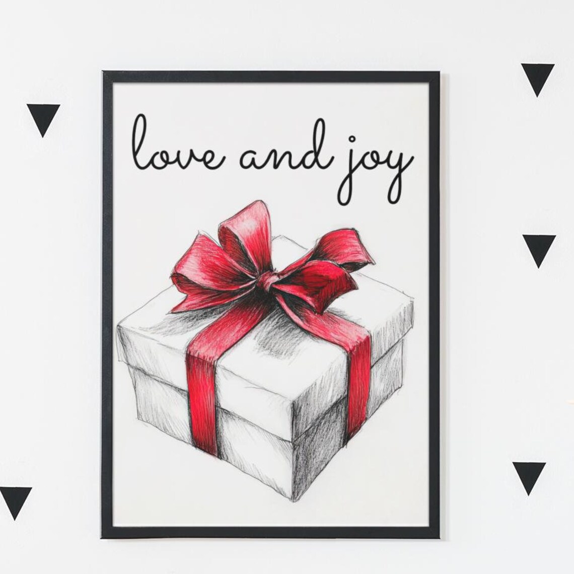 Love And Joy Hand Sketched Gift Box With Red Bow Christmas Poster