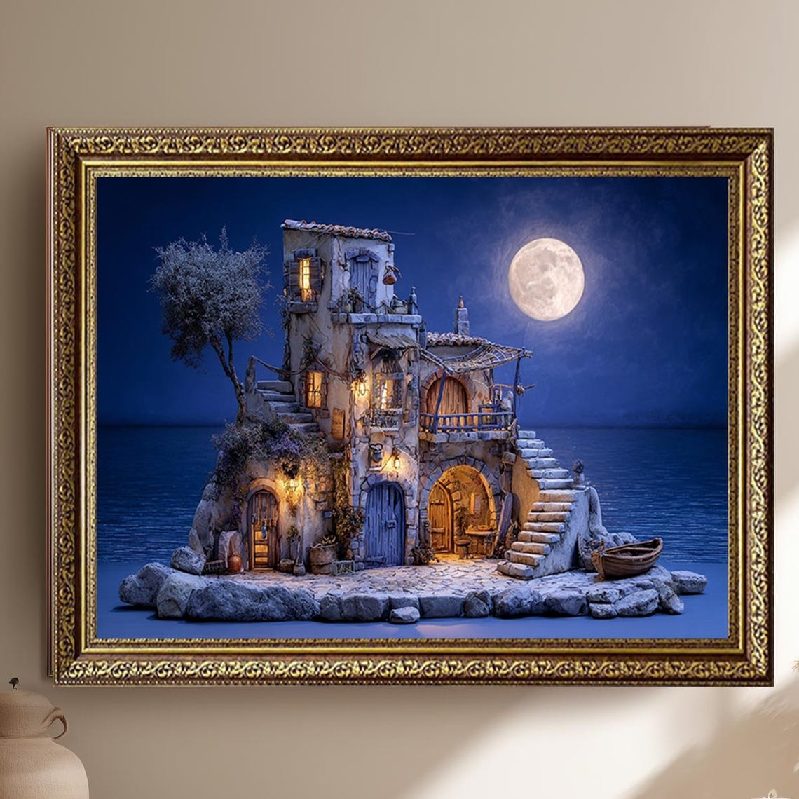 Mediterranean Coastal House Under Full Moon Night Seaside Poster