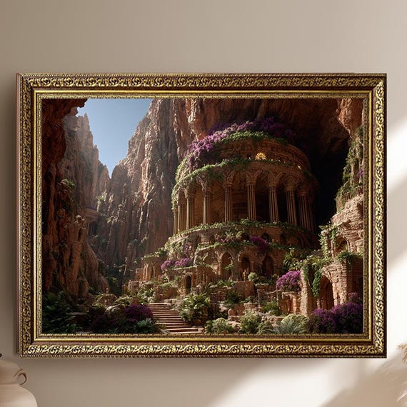 Ancient Temple Canvas Wall Art Fantasy Ruins Landscape Print Mystical Nature Architecture Decor