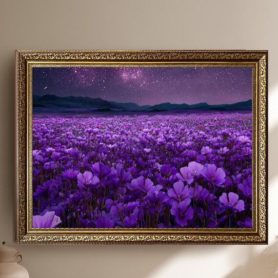 Lavender Field Starry Night Sky Purple Floral Landscape Poster