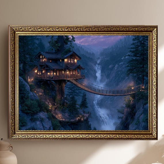 Magical Treehouse With Rope Bridge Wall Art Enchanted Forest Waterfall Fantasy Landscape Rustic Cabin Home Decor Print